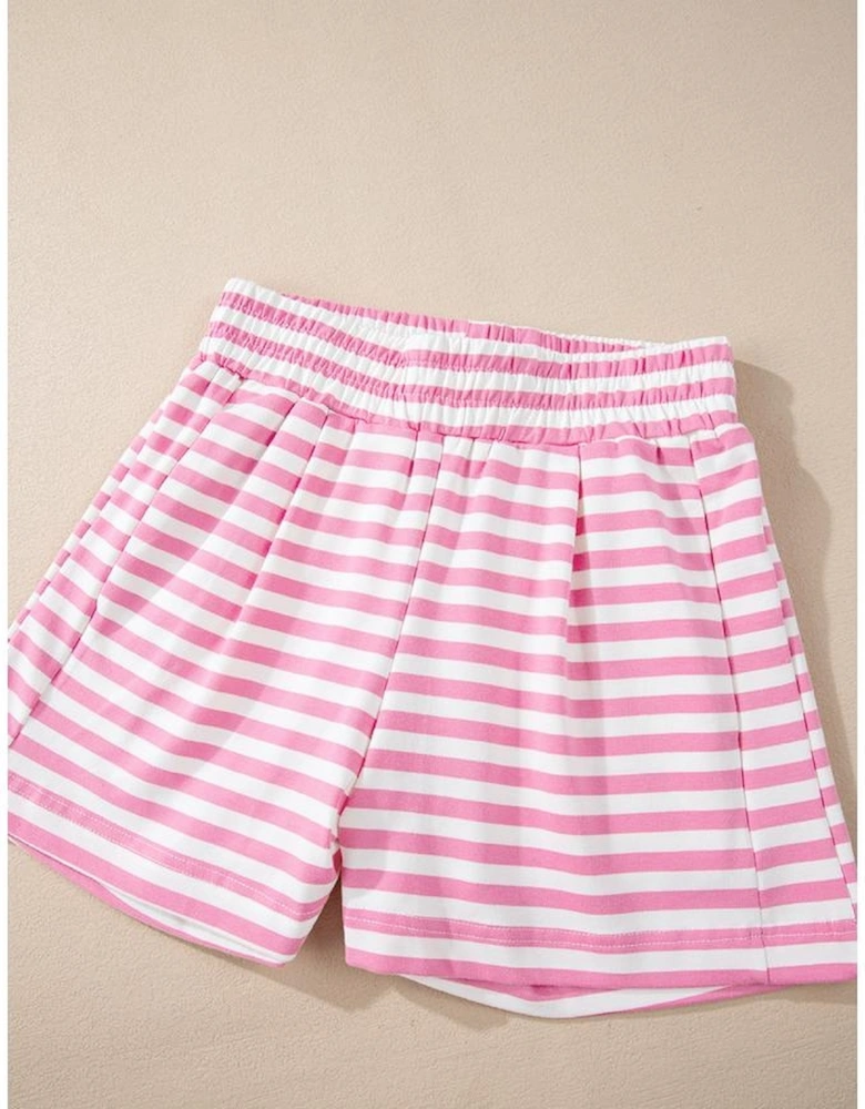 Pink Stripe Kangaroo Pocket Hoodie and Wide Leg Shorts Set