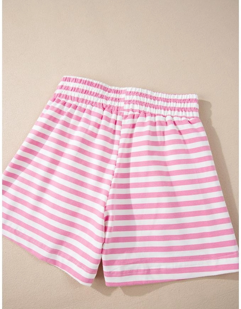 Pink Stripe Kangaroo Pocket Hoodie and Wide Leg Shorts Set