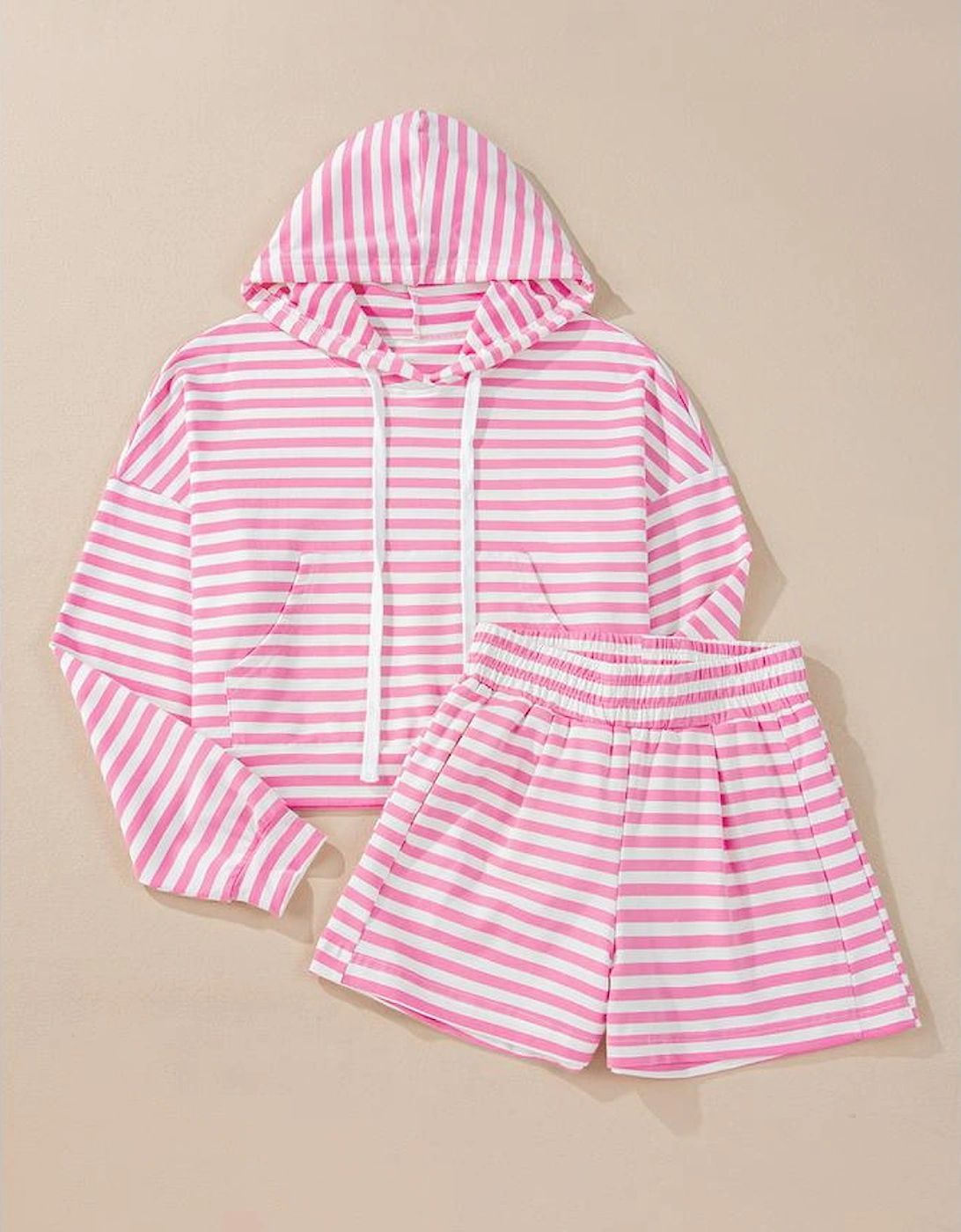 Pink Stripe Kangaroo Pocket Hoodie and Wide Leg Shorts Set