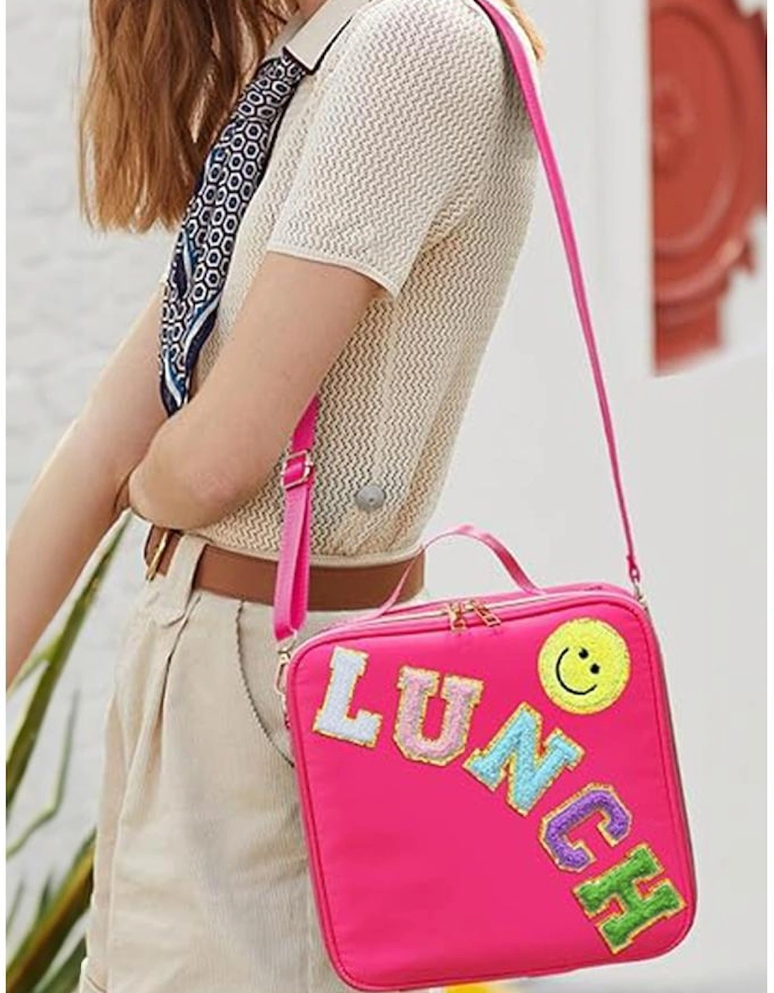 Rose Red Glitter Chenille Zipper Detachable Strap Insulated Bag