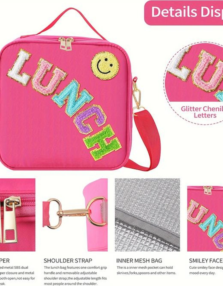 Rose Red Glitter Chenille Zipper Detachable Strap Insulated Bag