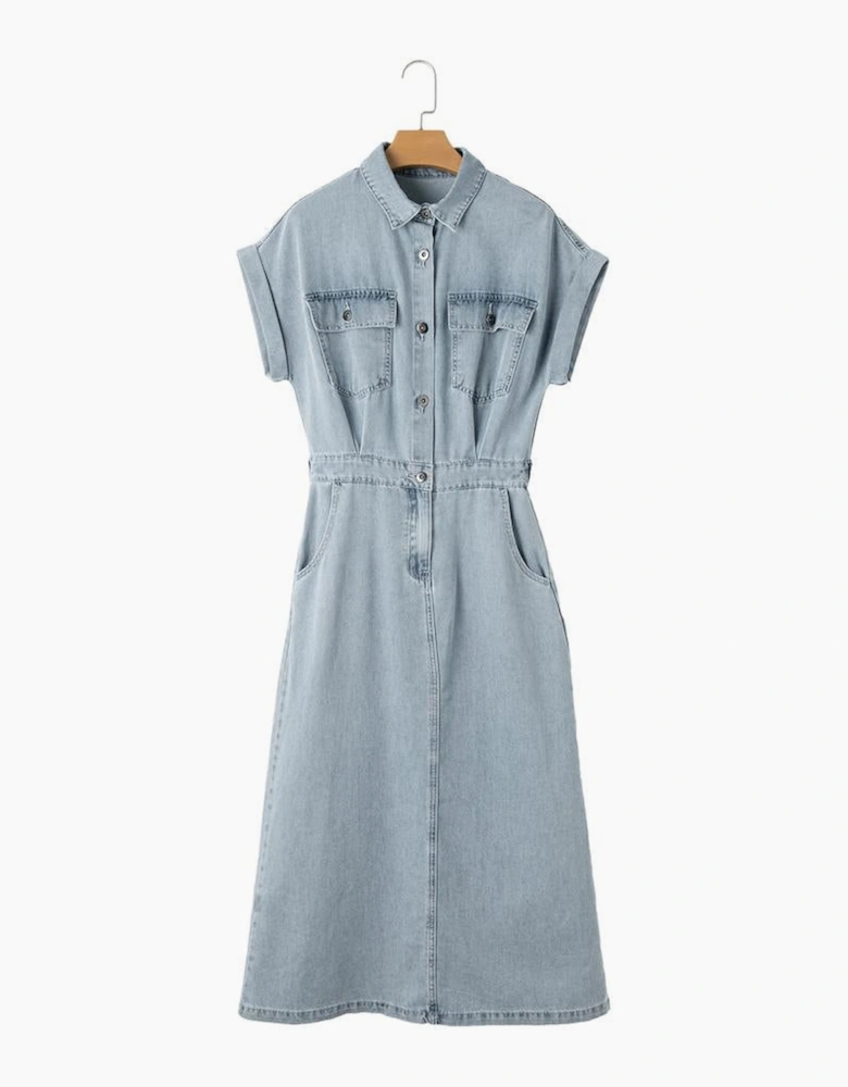 Beau Blue Short Batwing Sleeve Slit Back Denim Dress