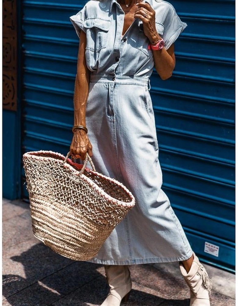 Beau Blue Short Batwing Sleeve Slit Back Denim Dress