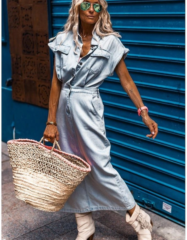 Beau Blue Short Batwing Sleeve Slit Back Denim Dress