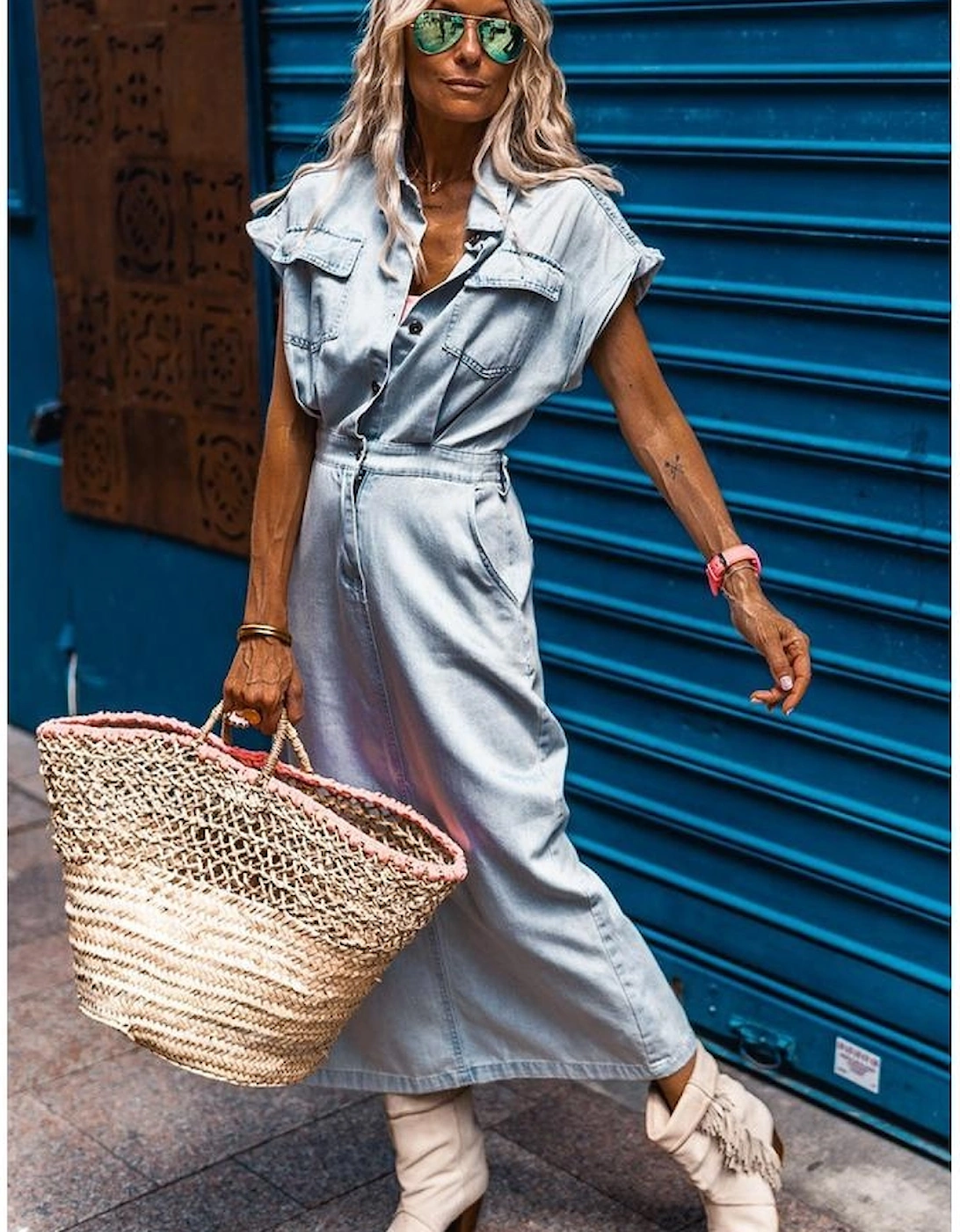 Beau Blue Short Batwing Sleeve Slit Back Denim Dress