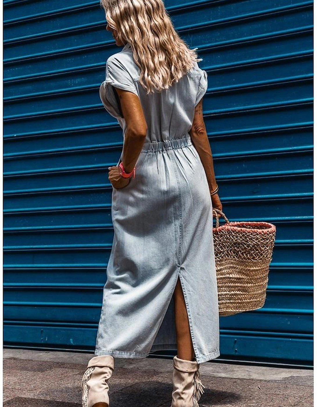 Beau Blue Short Batwing Sleeve Slit Back Denim Dress