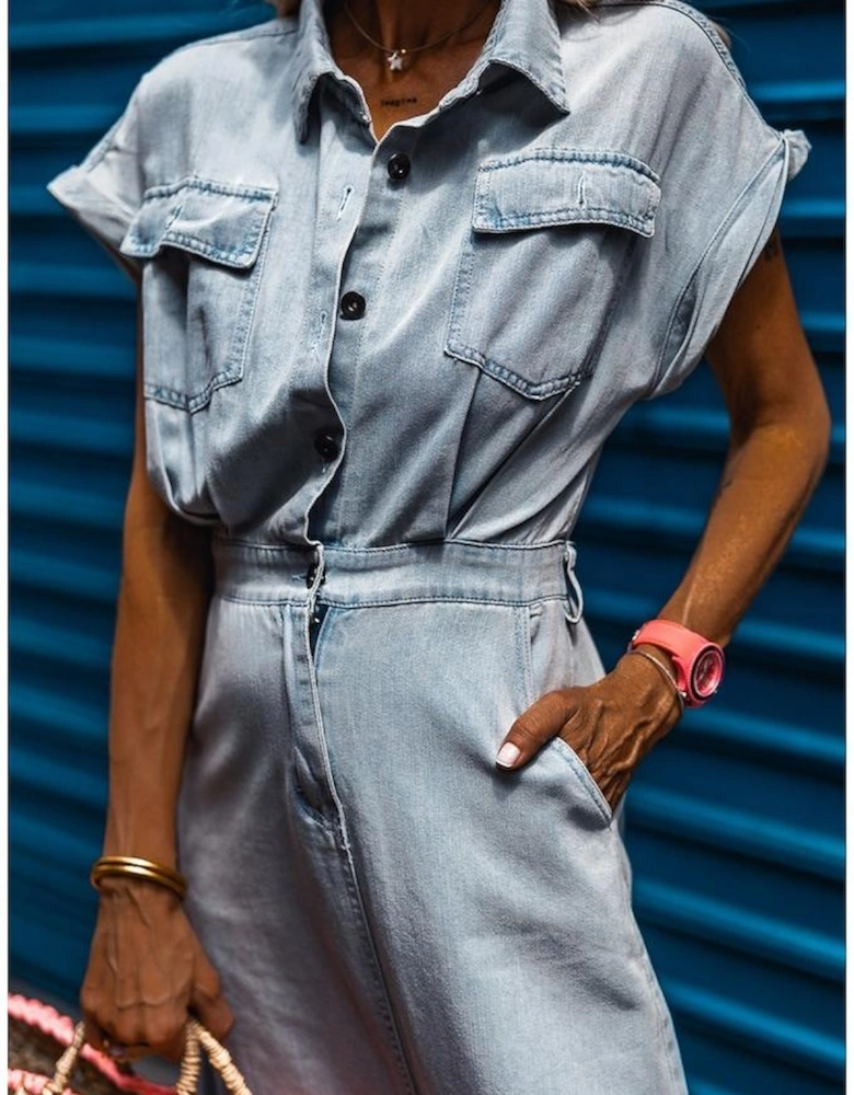 Beau Blue Short Batwing Sleeve Slit Back Denim Dress