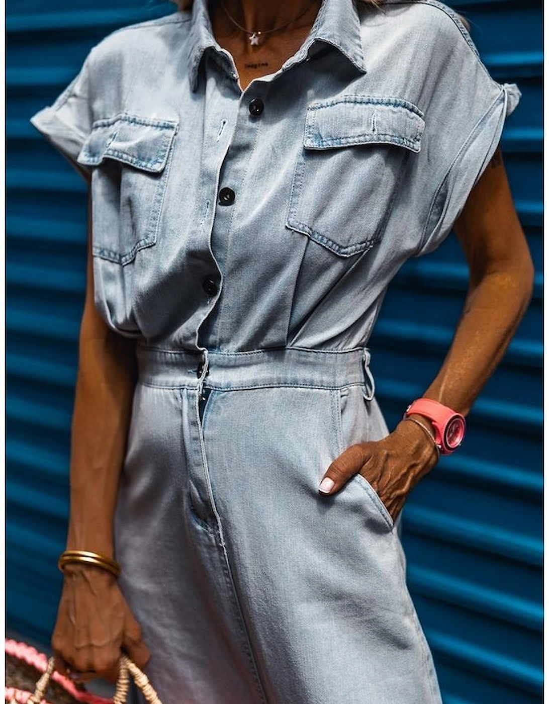 Beau Blue Short Batwing Sleeve Slit Back Denim Dress, 14 of 13