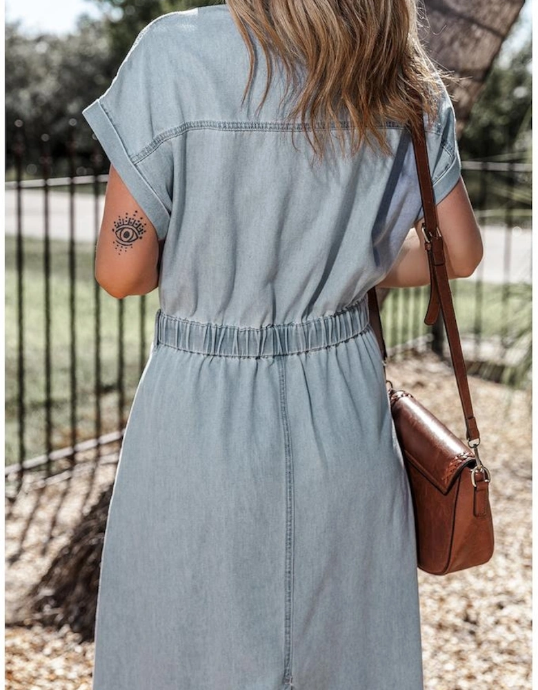 Beau Blue Short Batwing Sleeve Slit Back Denim Dress