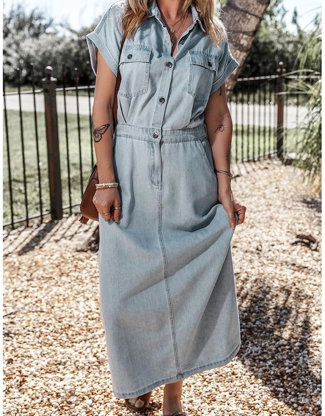 Beau Blue Short Batwing Sleeve Slit Back Denim Dress