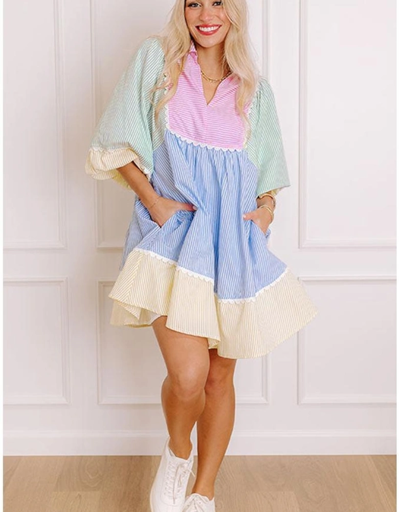 Multicolour Striped Patchwork Ric Rac Puff Sleeve Collared Mini Dress