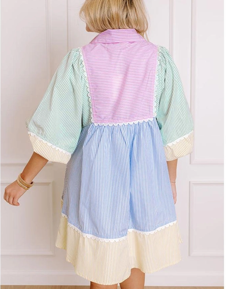 Multicolour Striped Patchwork Ric Rac Puff Sleeve Collared Mini Dress