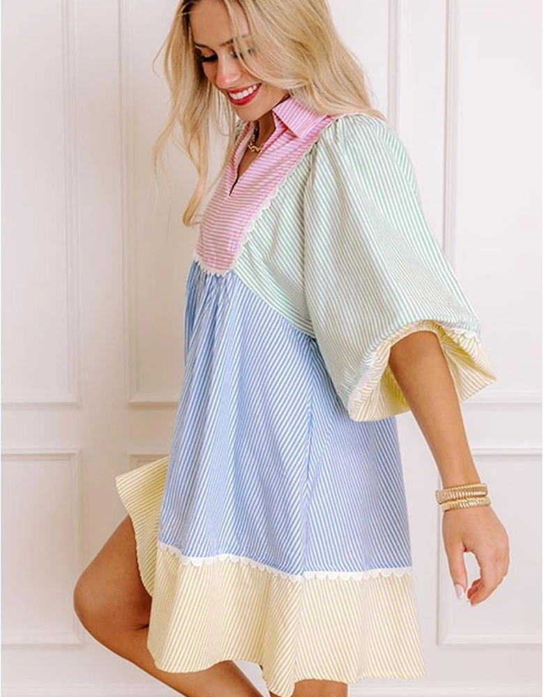 Multicolour Striped Patchwork Ric Rac Puff Sleeve Collared Mini Dress