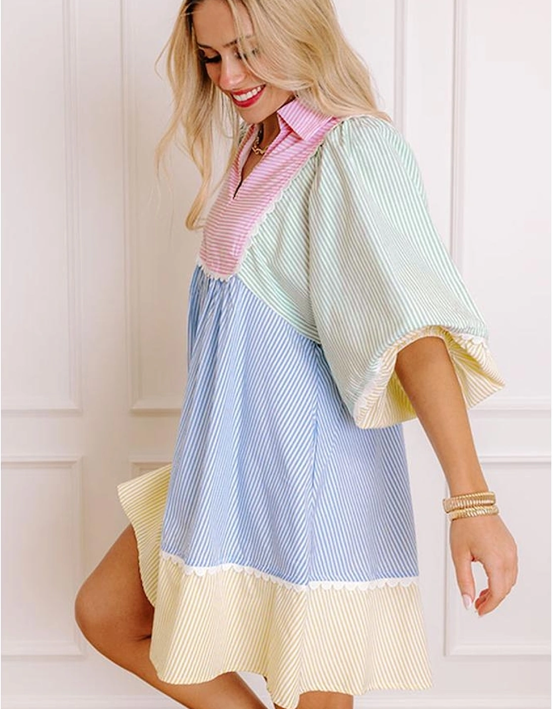 Multicolour Striped Patchwork Ric Rac Puff Sleeve Collared Mini Dress