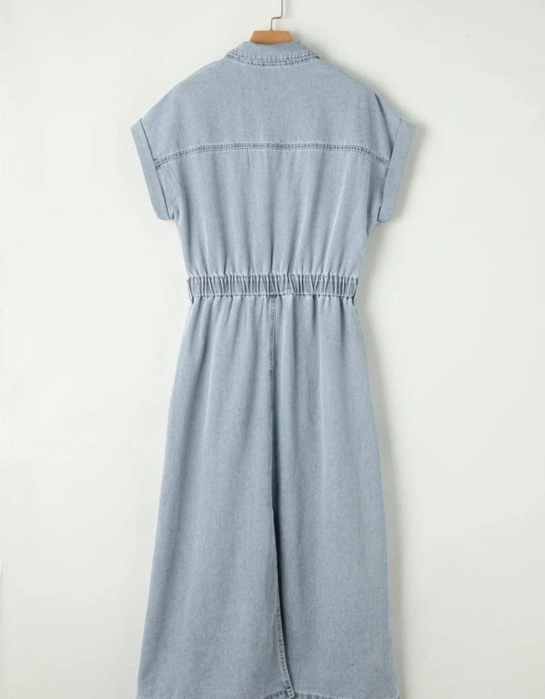 Beau Blue Short Batwing Sleeve Slit Back Denim Dress