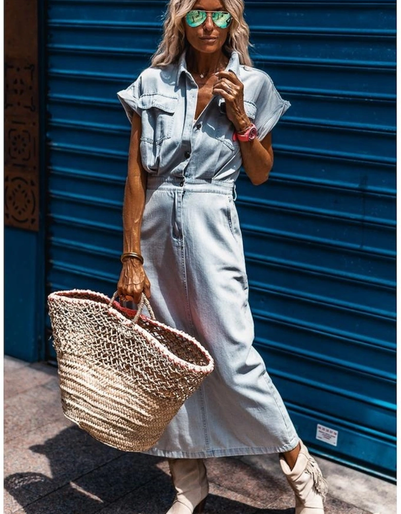 Beau Blue Short Batwing Sleeve Slit Back Denim Dress