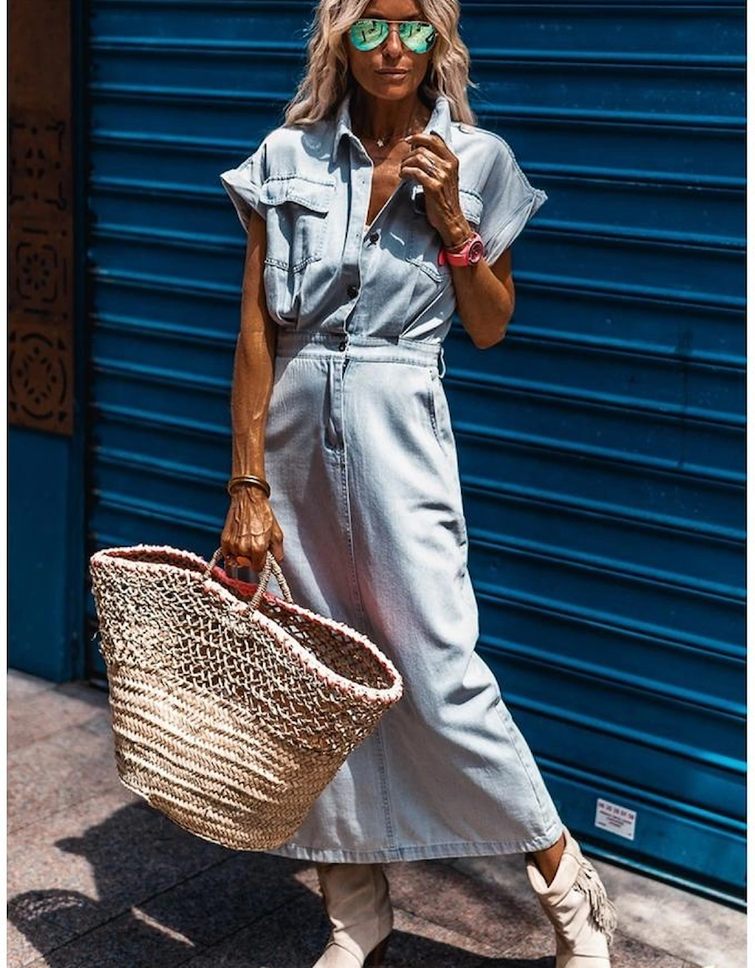 Beau Blue Short Batwing Sleeve Slit Back Denim Dress