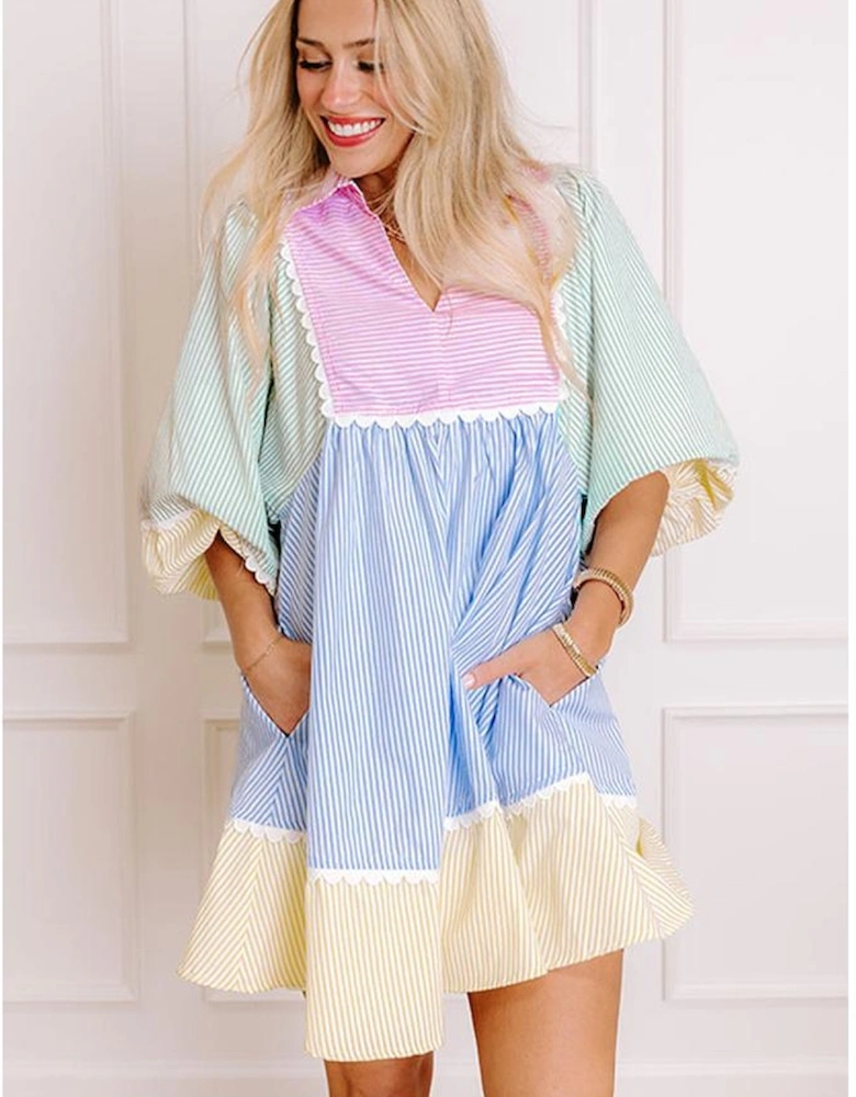 Multicolour Striped Patchwork Ric Rac Puff Sleeve Collared Mini Dress