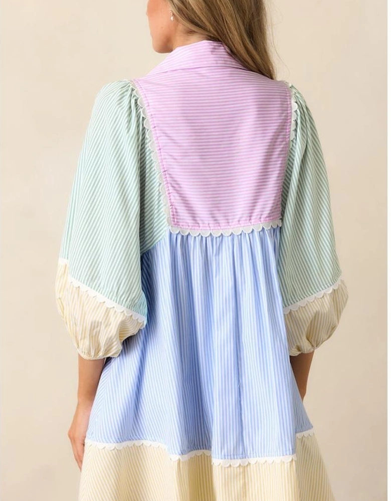 Multicolour Striped Patchwork Ric Rac Puff Sleeve Collared Mini Dress