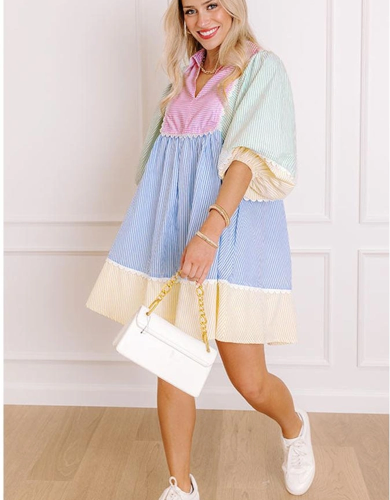 Multicolour Striped Patchwork Ric Rac Puff Sleeve Collared Mini Dress