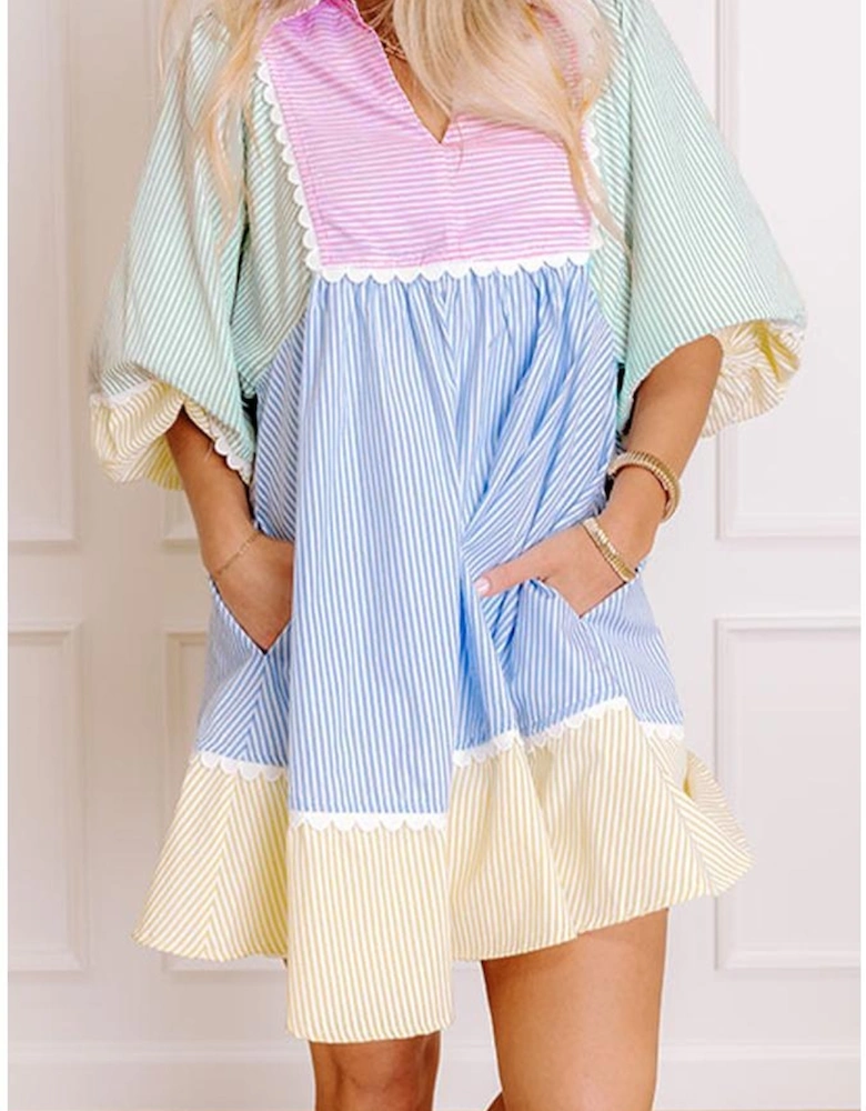 Multicolour Striped Patchwork Ric Rac Puff Sleeve Collared Mini Dress