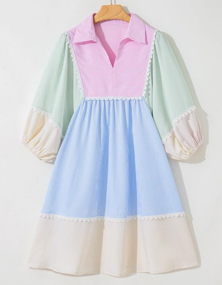 Multicolour Striped Patchwork Ric Rac Puff Sleeve Collared Mini Dress