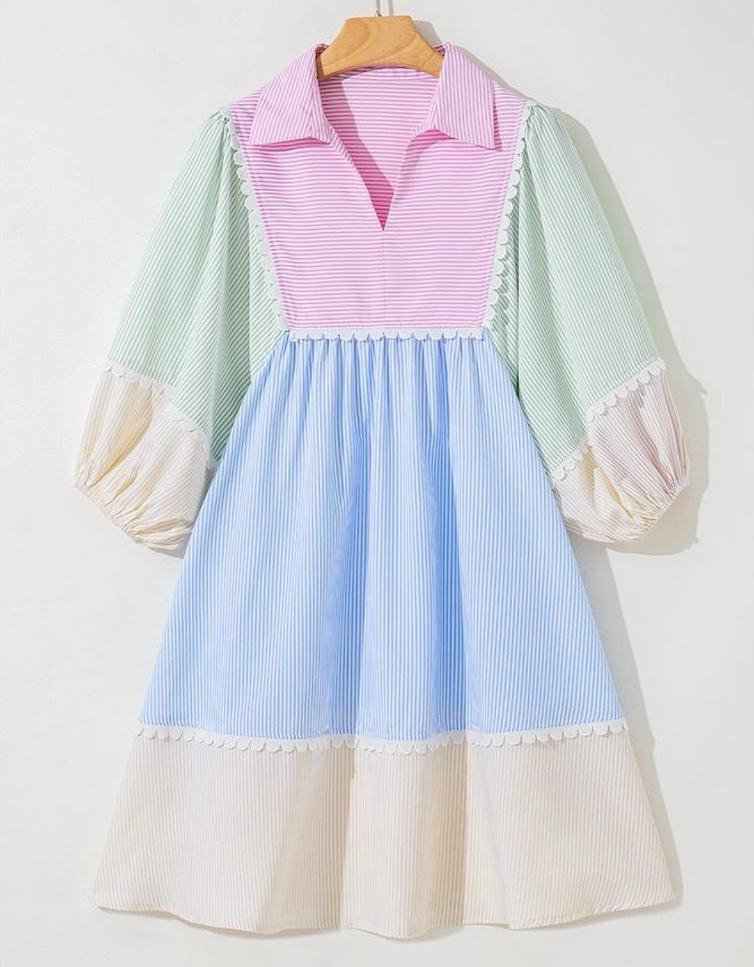 Multicolour Striped Patchwork Ric Rac Puff Sleeve Collared Mini Dress