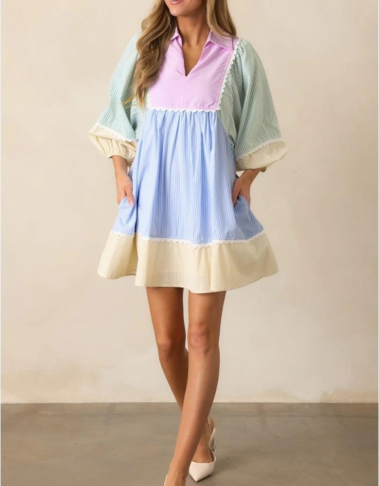 Multicolour Striped Patchwork Ric Rac Puff Sleeve Collared Mini Dress