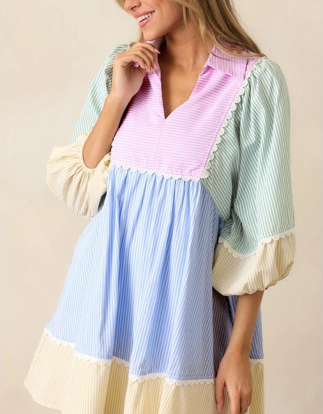 Multicolour Striped Patchwork Ric Rac Puff Sleeve Collared Mini Dress