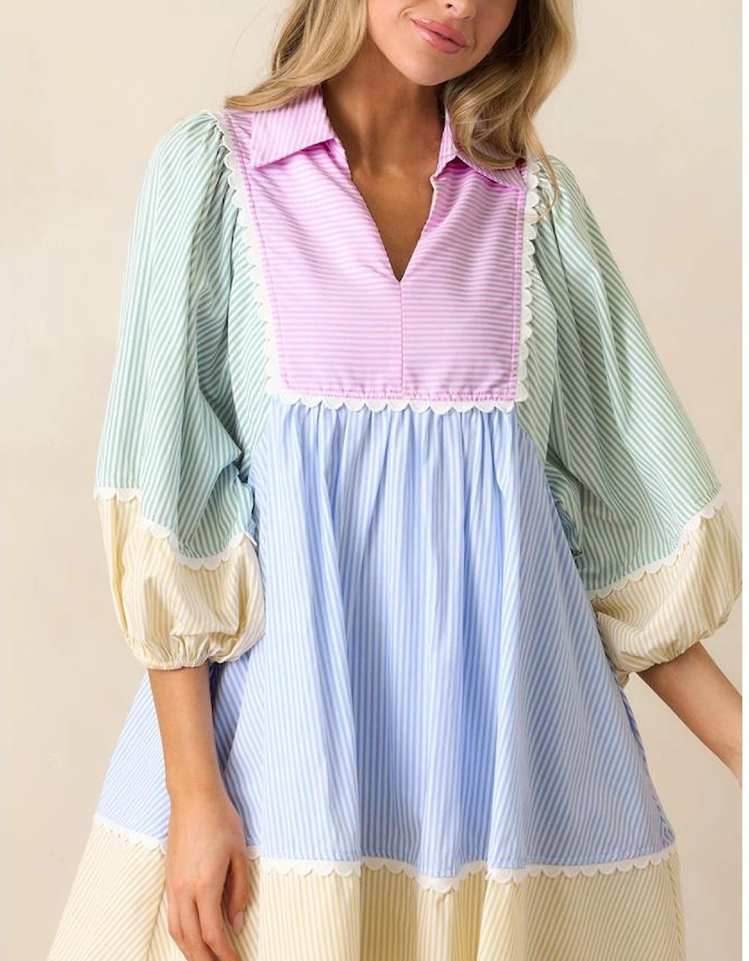Multicolour Striped Patchwork Ric Rac Puff Sleeve Collared Mini Dress