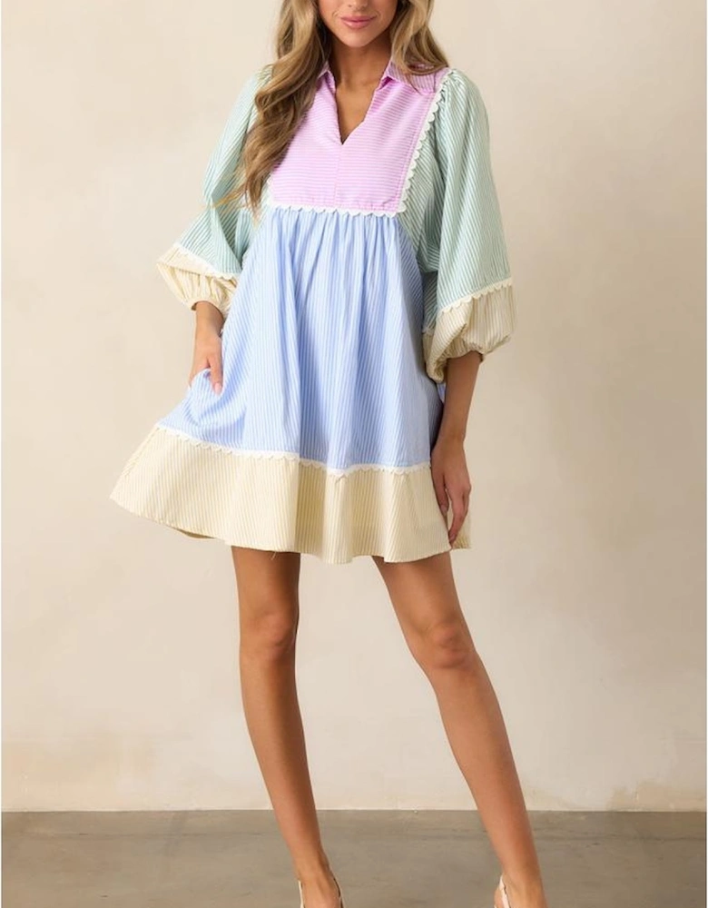 Multicolour Striped Patchwork Ric Rac Puff Sleeve Collared Mini Dress