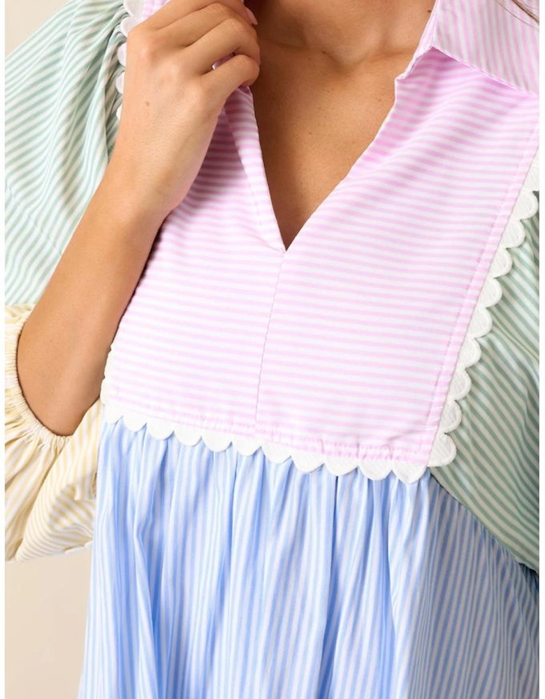 Multicolour Striped Patchwork Ric Rac Puff Sleeve Collared Mini Dress