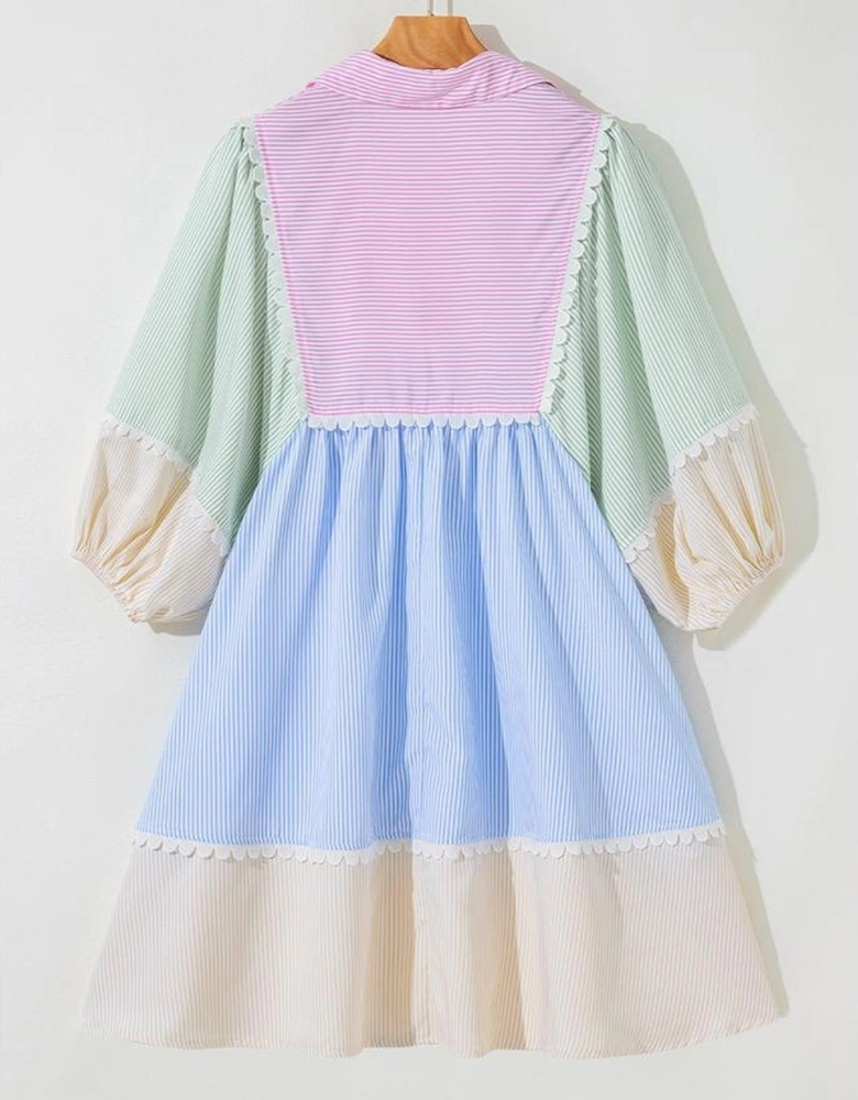 Multicolour Striped Patchwork Ric Rac Puff Sleeve Collared Mini Dress