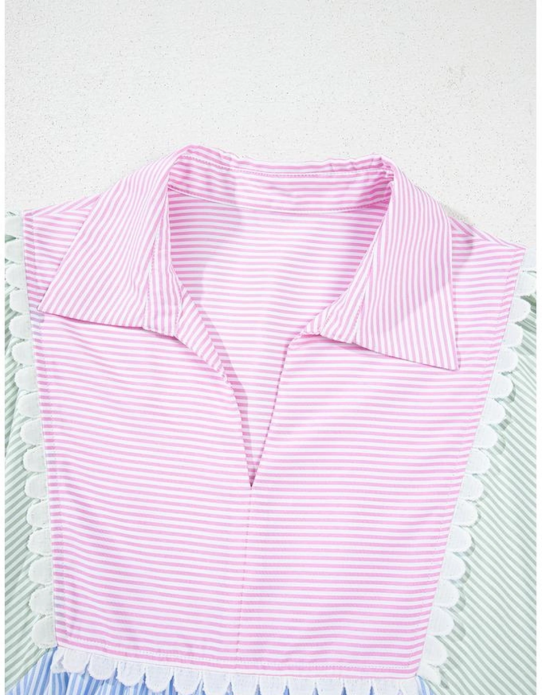 Multicolour Striped Patchwork Ric Rac Puff Sleeve Collared Mini Dress