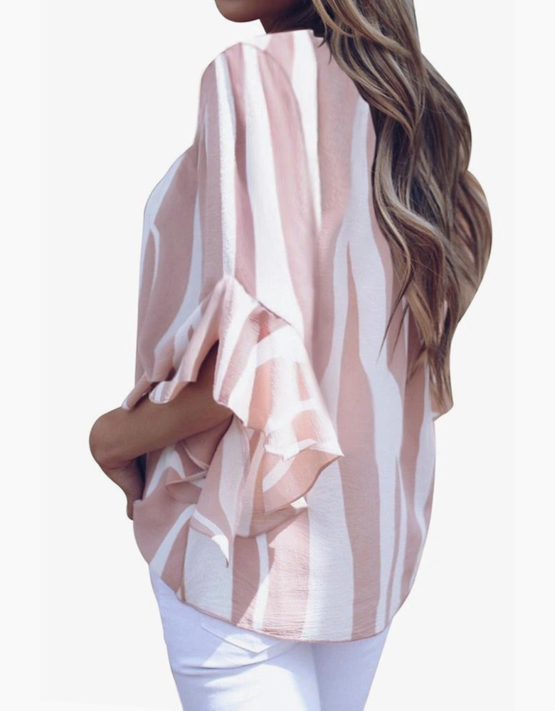 Pink Vertical Stripes V Neck 3/4 Sleeve Blouse