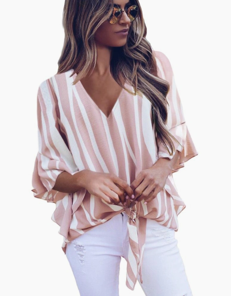 Pink Vertical Stripes V Neck 3/4 Sleeve Blouse