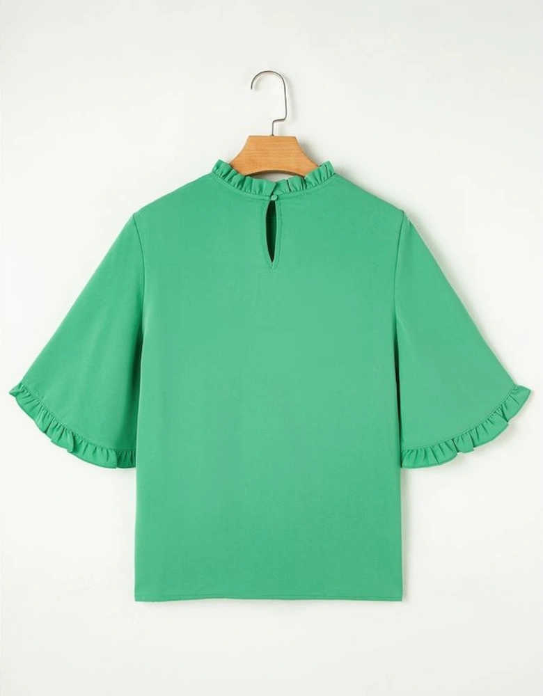 Green Frilly Round Neck Wide Half Sleeve Blouse
