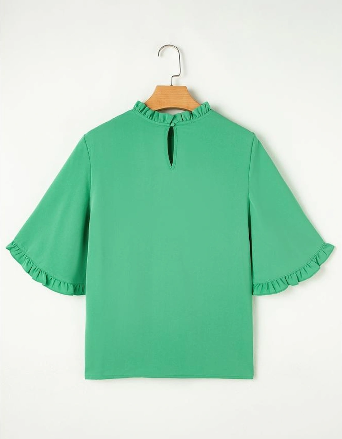 Green Frilly Round Neck Wide Half Sleeve Blouse