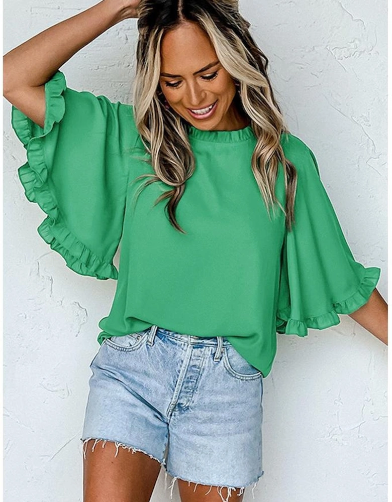 Green Frilly Round Neck Wide Half Sleeve Blouse