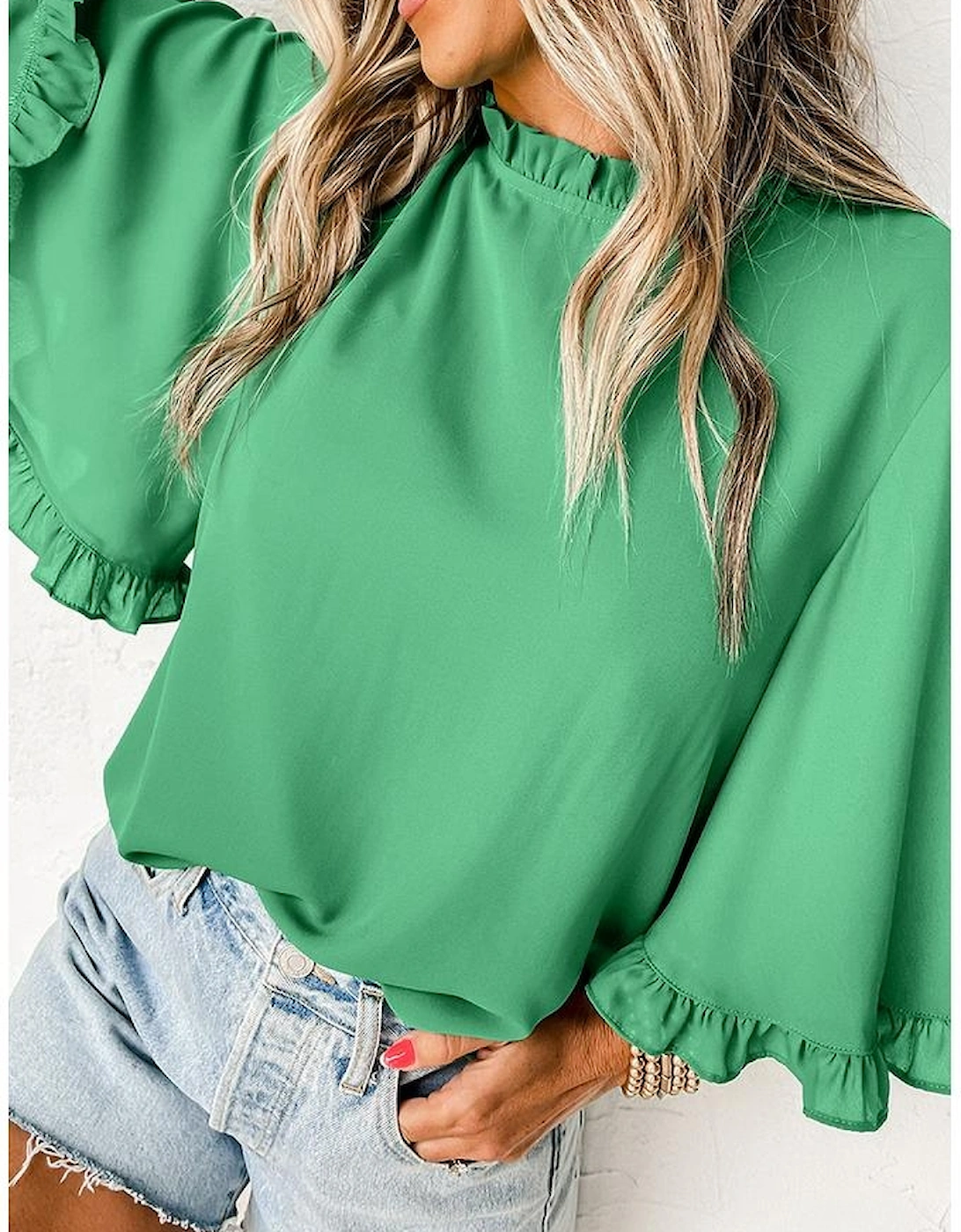 Green Frilly Round Neck Wide Half Sleeve Blouse