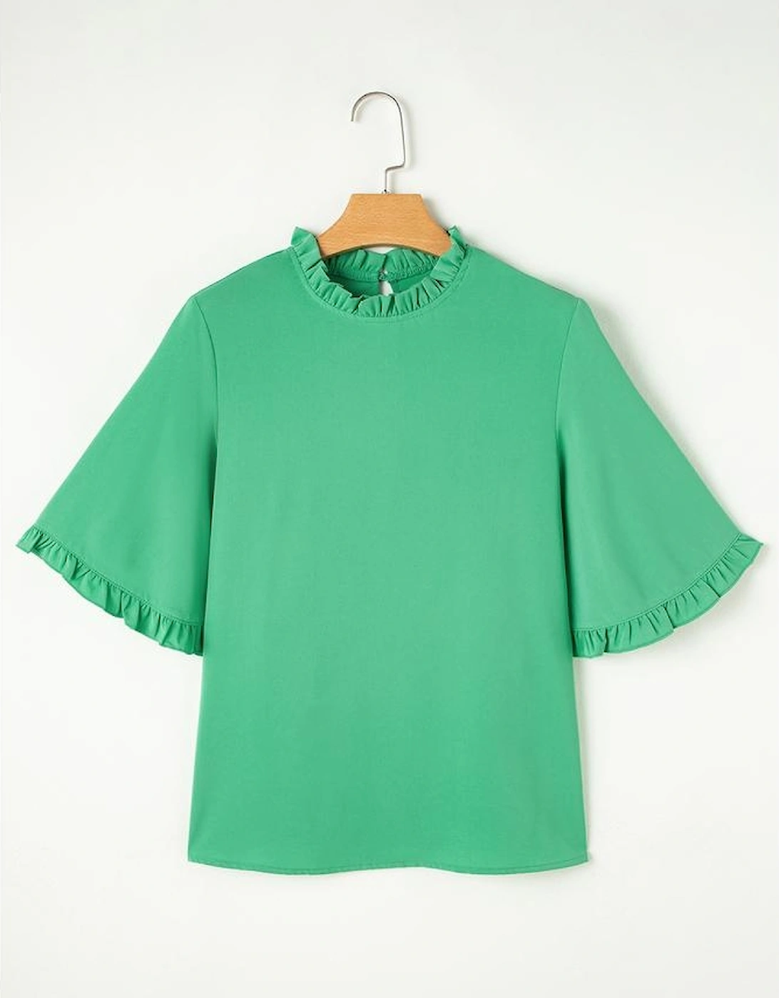 Green Frilly Round Neck Wide Half Sleeve Blouse