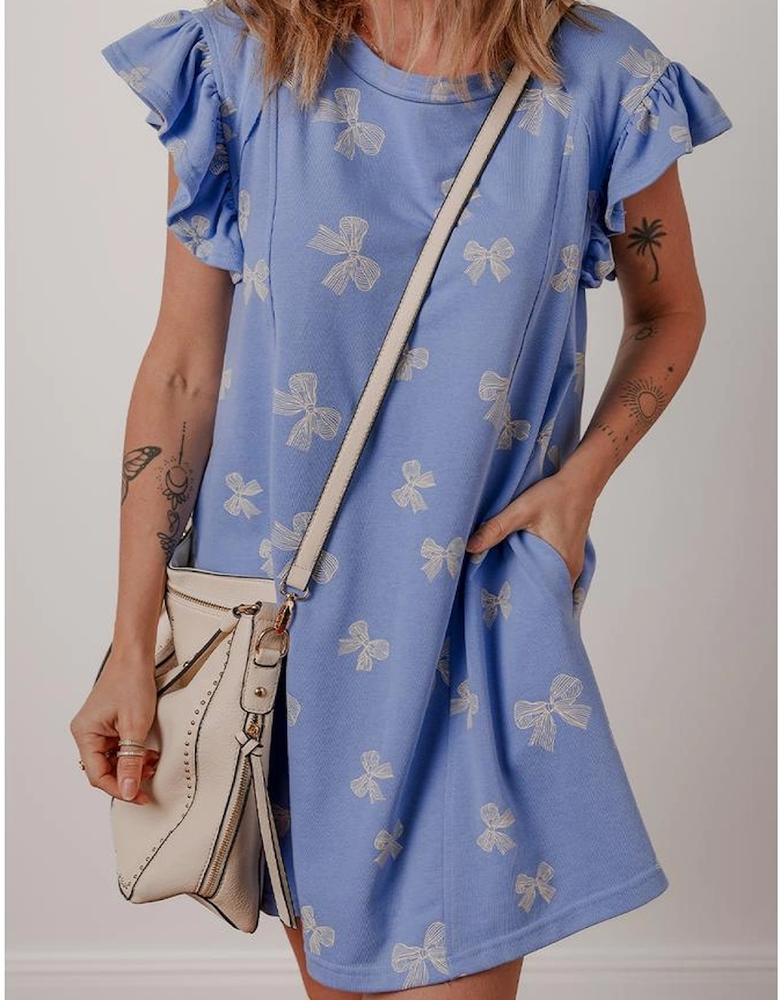 Sky Blue Bow Knot Print Crewneck Ruffled Sleeve Shift Mini Dress