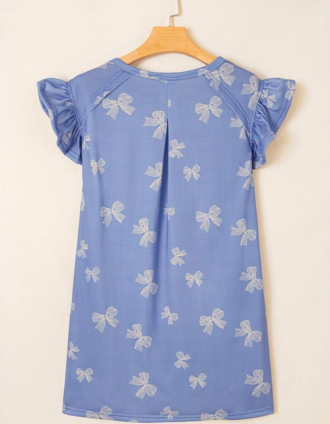 Sky Blue Bow Knot Print Crewneck Ruffled Sleeve Shift Mini Dress