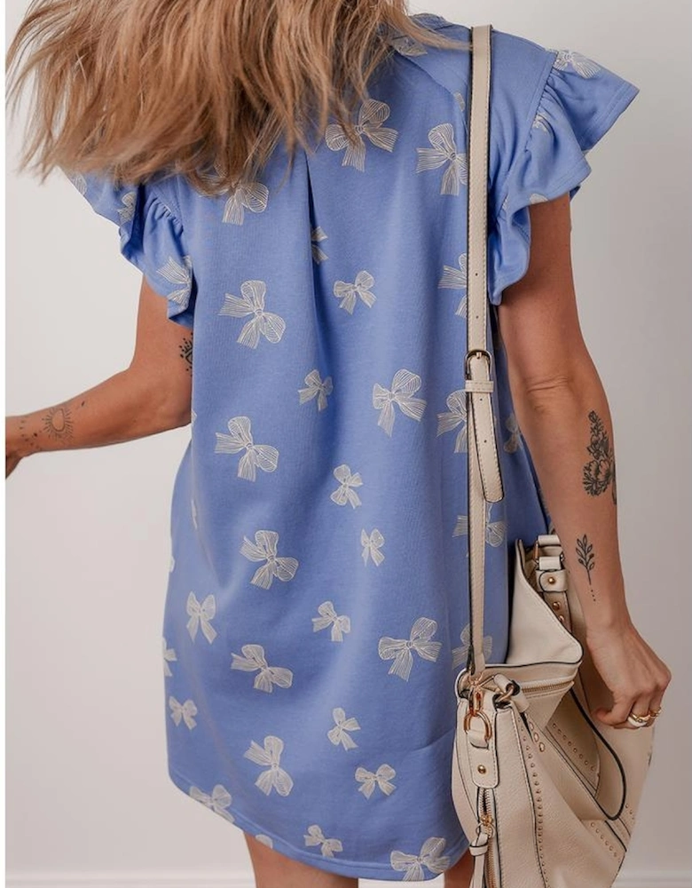 Sky Blue Bow Knot Print Crewneck Ruffled Sleeve Shift Mini Dress