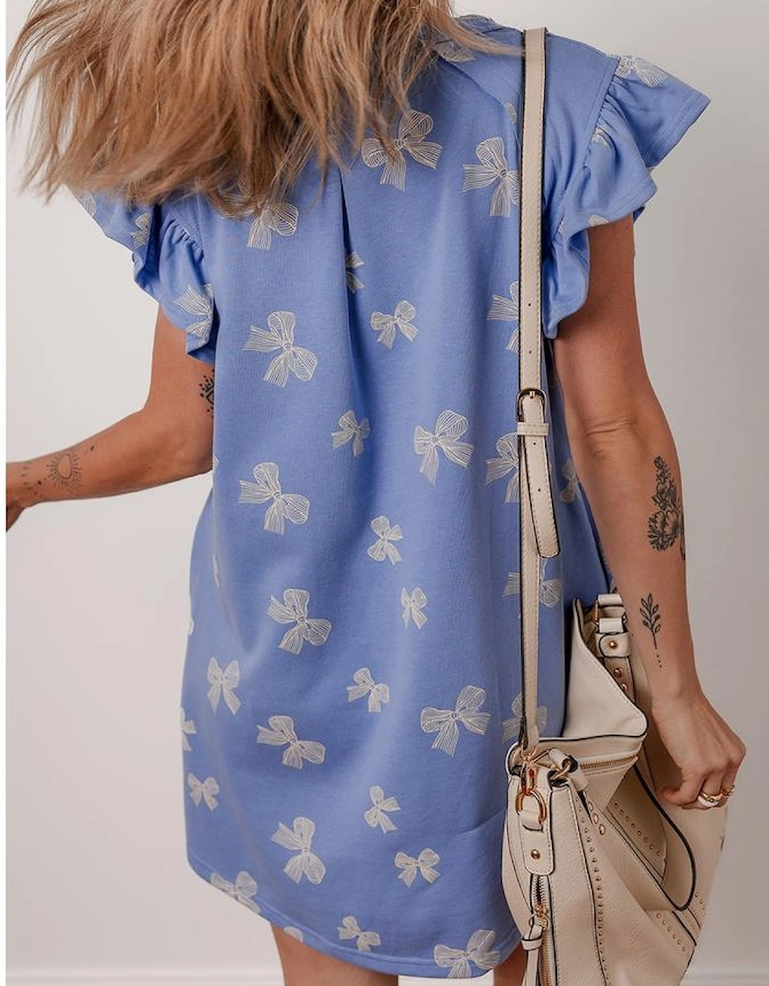 Sky Blue Bow Knot Print Crewneck Ruffled Sleeve Shift Mini Dress, 14 of 13