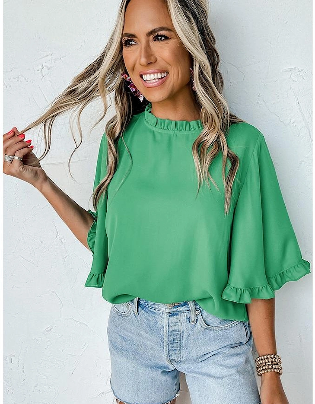 Green Frilly Round Neck Wide Half Sleeve Blouse