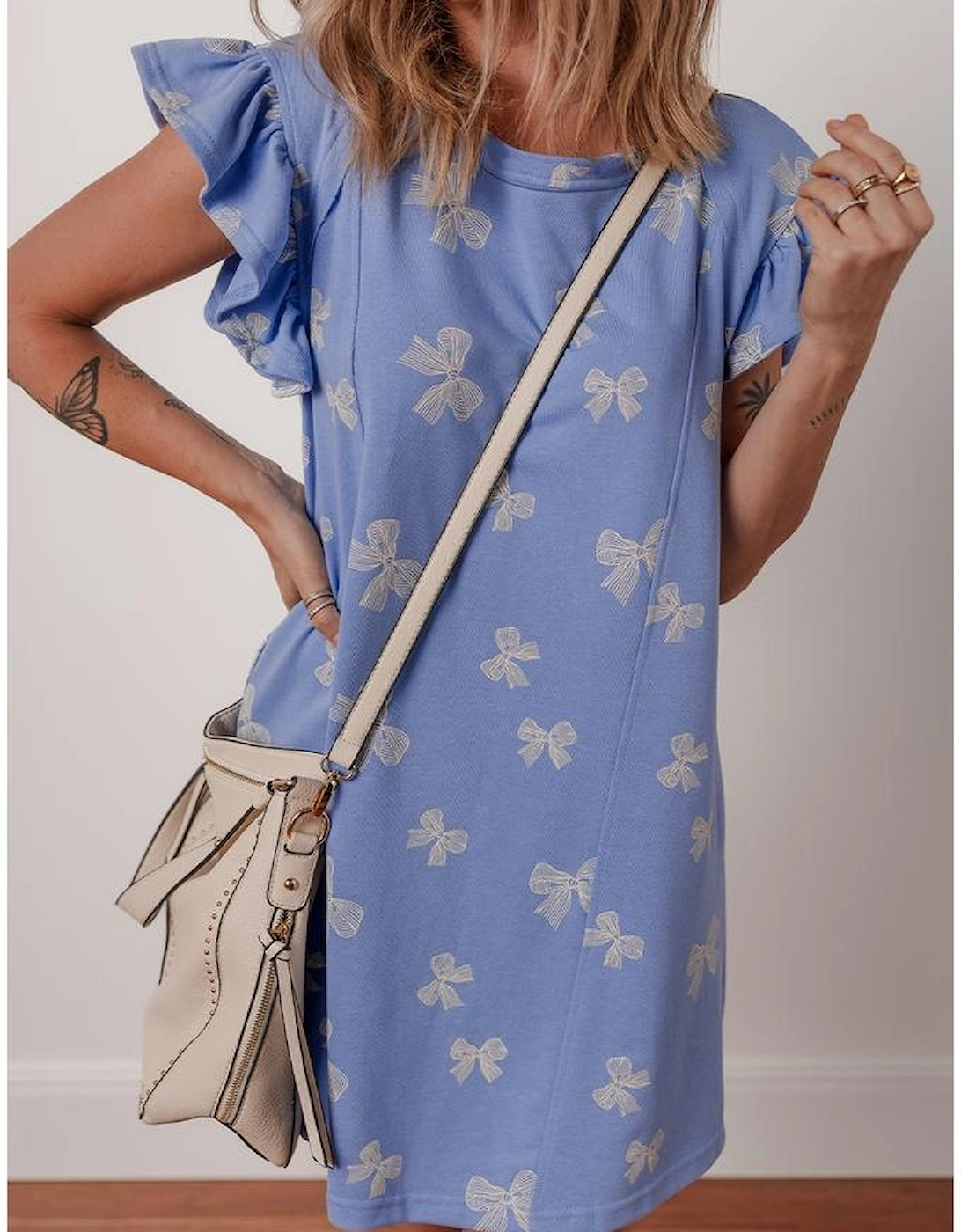 Sky Blue Bow Knot Print Crewneck Ruffled Sleeve Shift Mini Dress