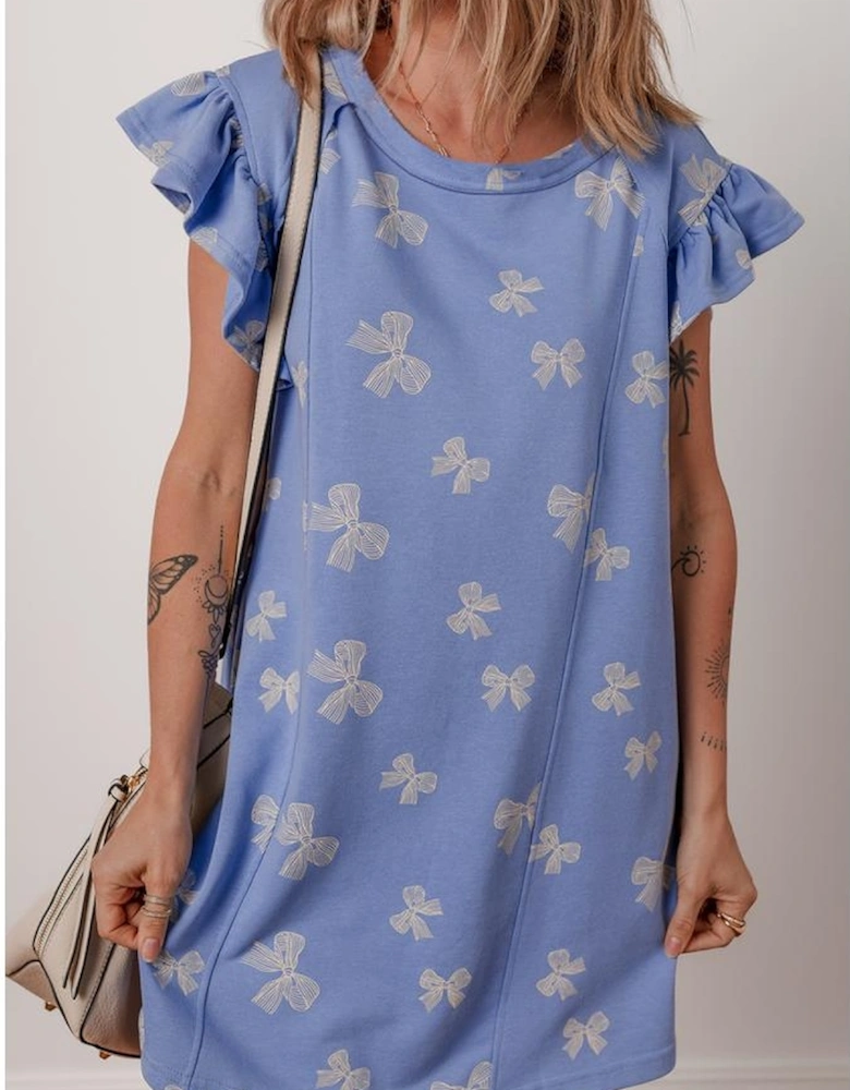 Sky Blue Bow Knot Print Crewneck Ruffled Sleeve Shift Mini Dress