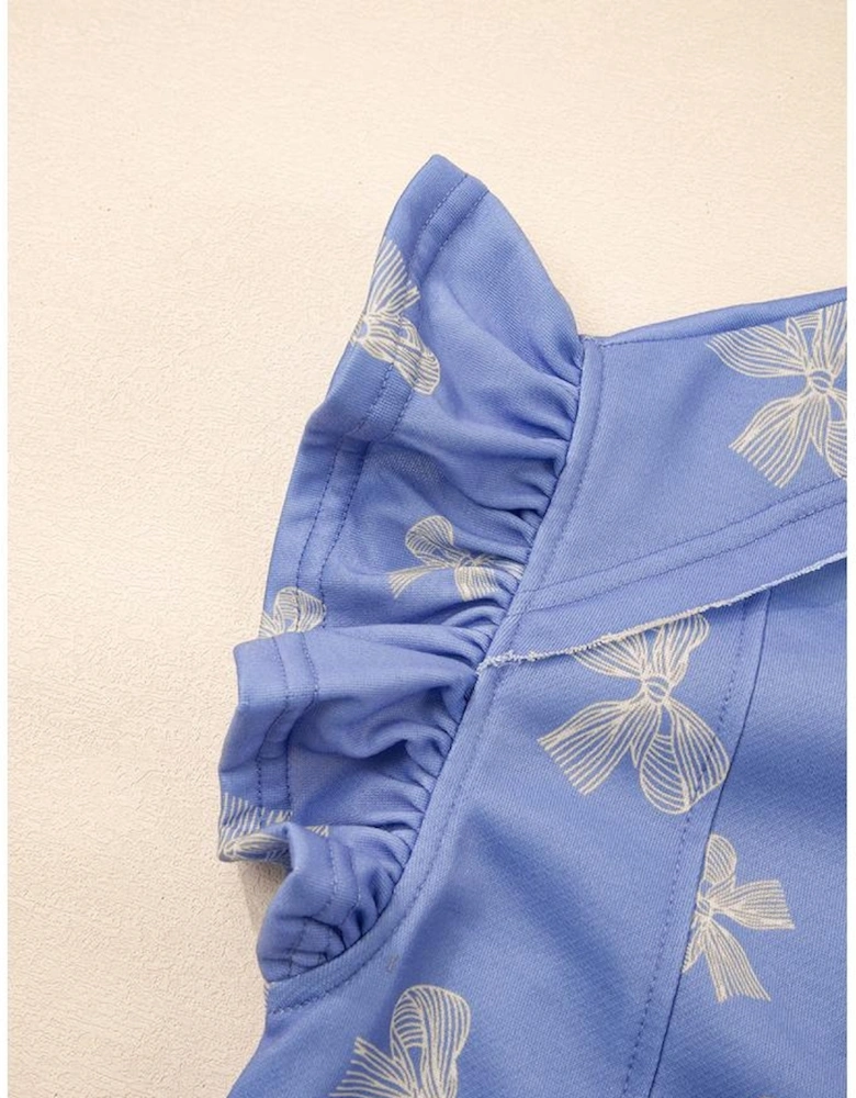 Sky Blue Bow Knot Print Crewneck Ruffled Sleeve Shift Mini Dress