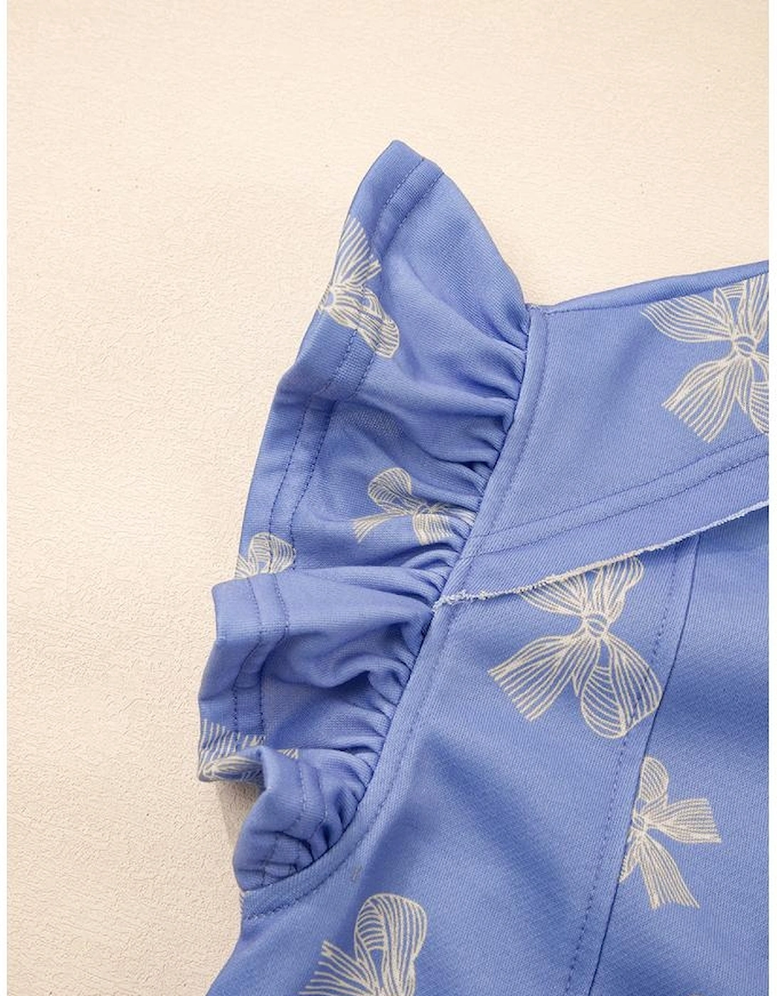 Sky Blue Bow Knot Print Crewneck Ruffled Sleeve Shift Mini Dress